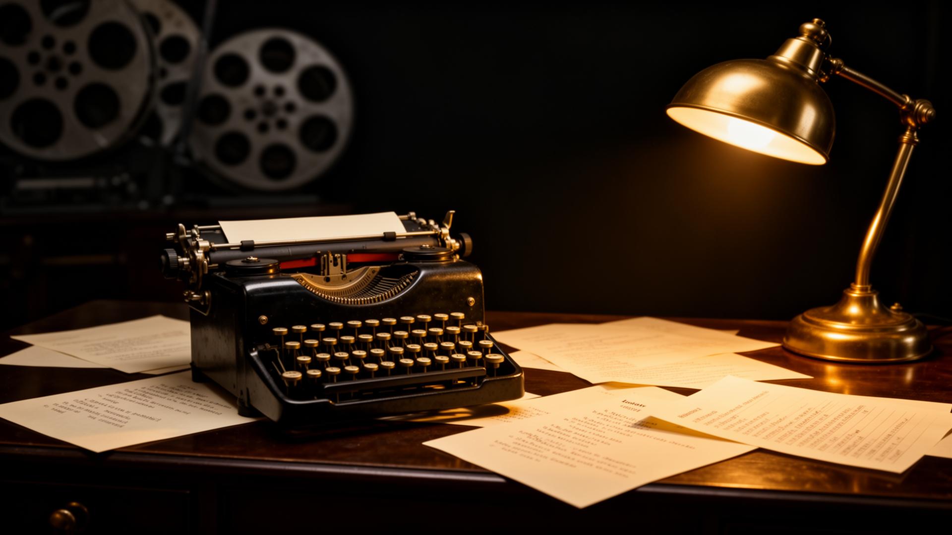 Vintage typewriter and screenplay pages on a dark desk