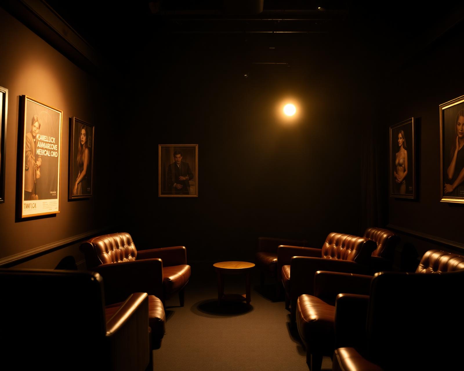 Moody boutique studio pitch room with leather chairs and warm spotlight
