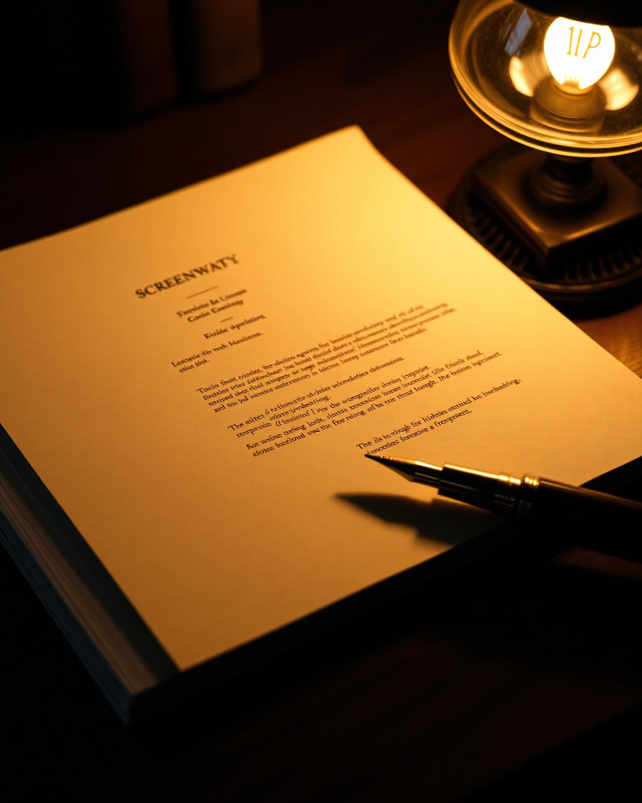 Elegant screenplay pages illuminated by a brass lamp